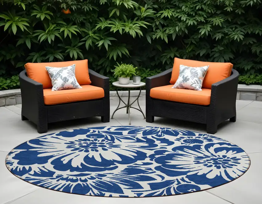 Navy and Ivory Round Floral Washable Non Skid Indoor Outdoor Area Rug Photo 1