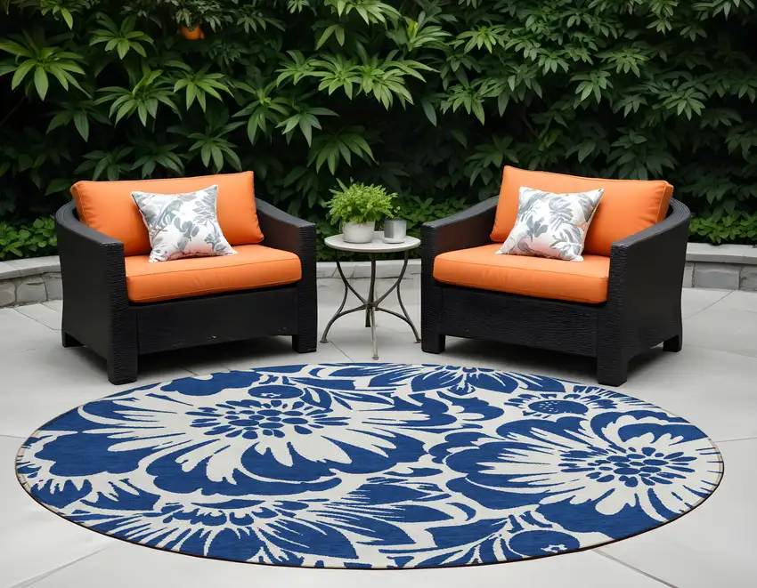 Navy and Ivory Round Floral Washable Non Skid Indoor Outdoor Area Rug Photo 1