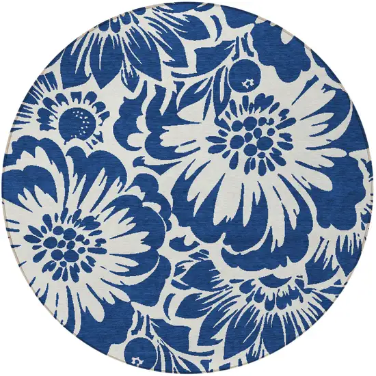 Navy and Ivory Round Floral Washable Non Skid Indoor Outdoor Area Rug Photo 5