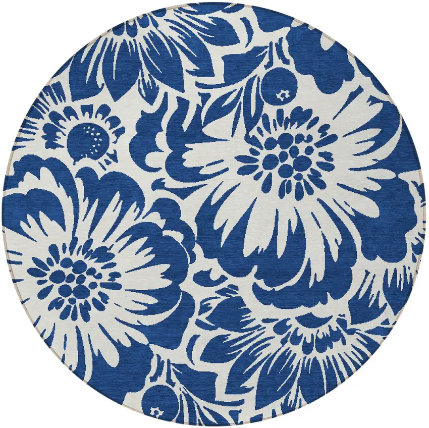 Navy and Ivory Round Floral Washable Non Skid Indoor Outdoor Area Rug Photo 5