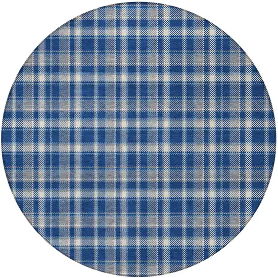 Navy and Ivory Round Plaid Washable Non Skid Indoor Outdoor Area Rug Photo 4
