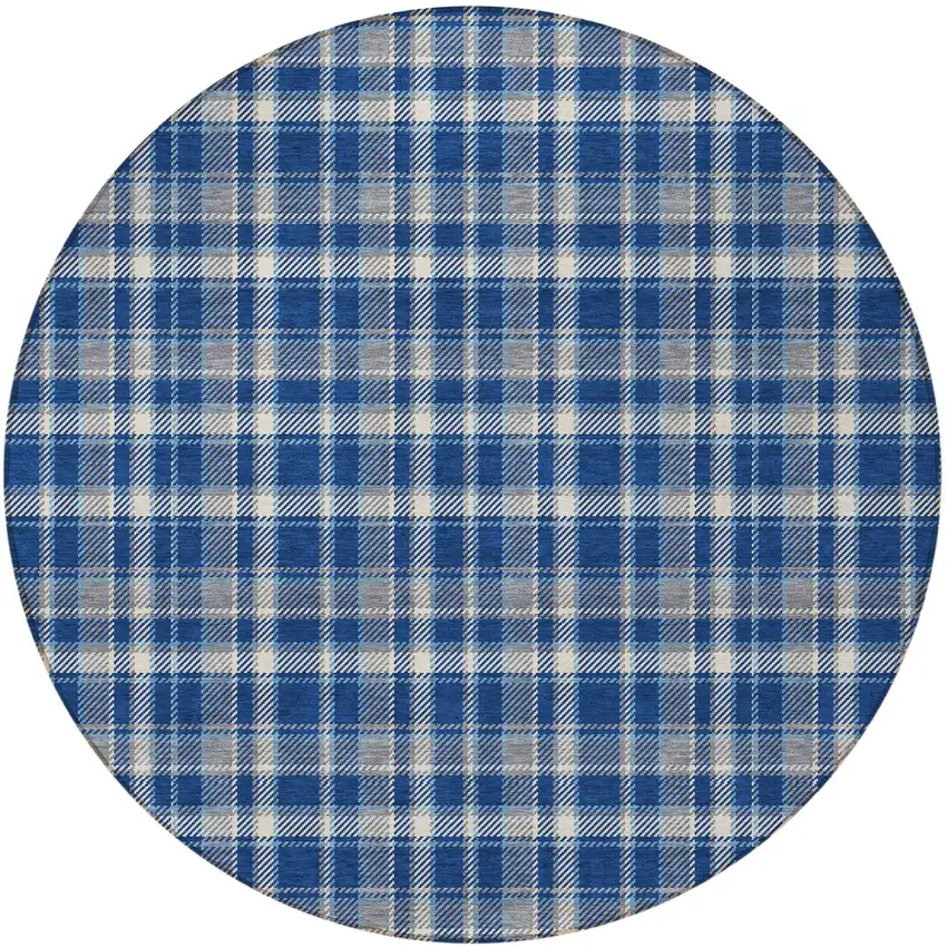 Navy and Ivory Round Plaid Washable Non Skid Indoor Outdoor Area Rug Photo 4