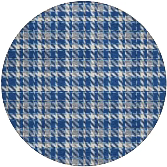 Navy and Ivory Round Plaid Washable Non Skid Indoor Outdoor Area Rug Photo 2