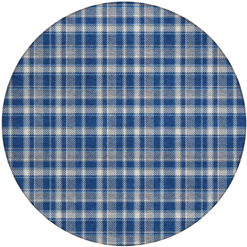 Navy and Ivory Round Plaid Washable Non Skid Indoor Outdoor Area Rug Photo 2
