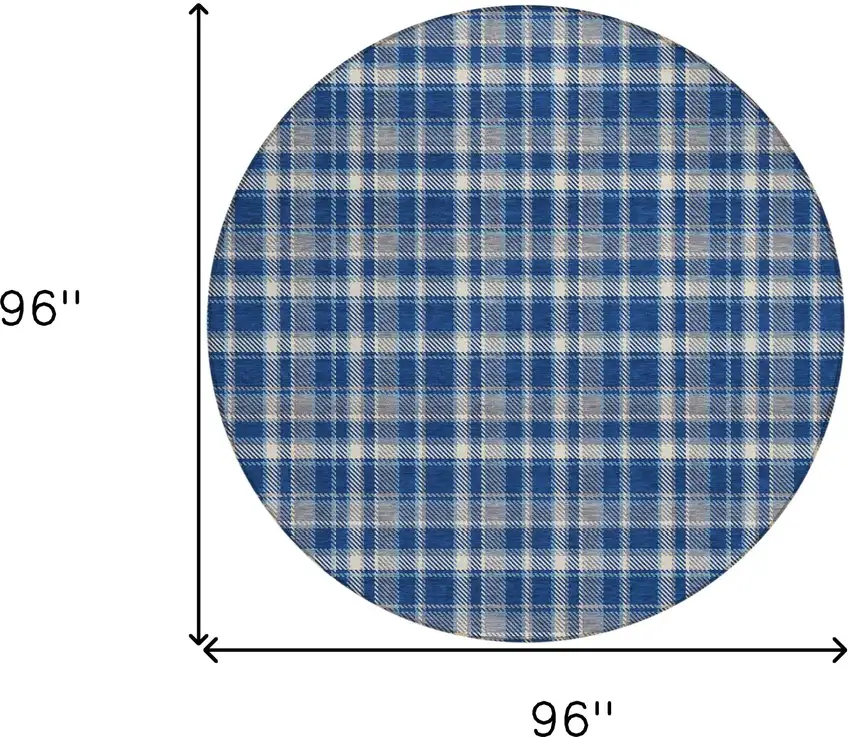 Navy and Ivory Round Plaid Washable Non Skid Indoor Outdoor Area Rug Photo 3