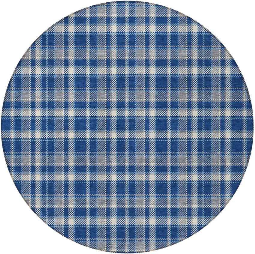 8' Round Navy and Ivory Round Plaid Washable Non Skid Indoor Outdoor Area Rug Photo 5