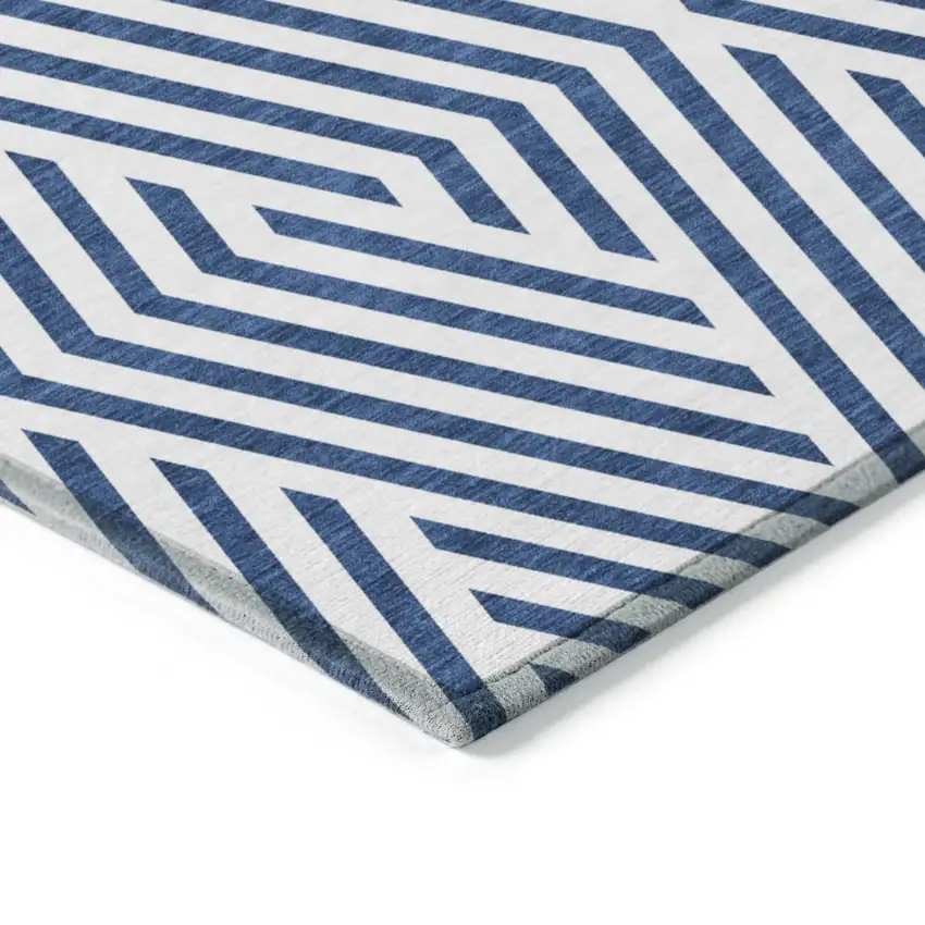Navy and White Round Geometric Washable Non Skid Indoor Outdoor Area Rug Photo 7