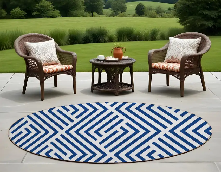 Navy and White Round Geometric Washable Non Skid Indoor Outdoor Area Rug Photo 1