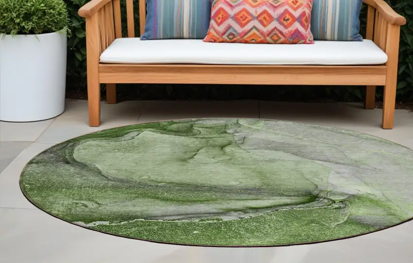 Olive Green Round Abstract Washable Non Skid Indoor Outdoor Area Rug Photo 1