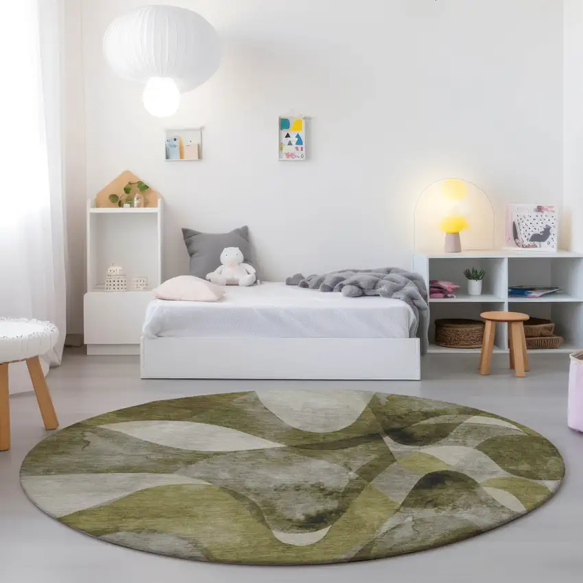 Olive Green Round Abstract Washable Non Skid Indoor Outdoor Area Rug Photo 7