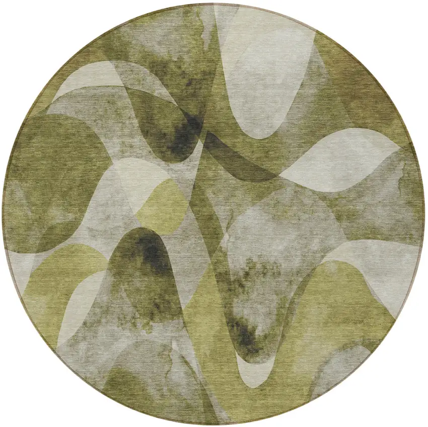8' Round Olive Green Round Abstract Washable Non Skid Indoor Outdoor Area Rug Photo 2