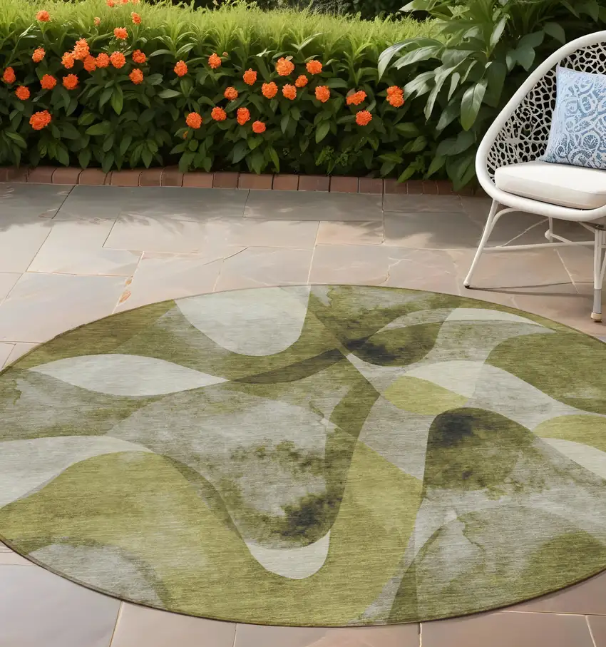 Olive Green Round Abstract Washable Non Skid Indoor Outdoor Area Rug Photo 1