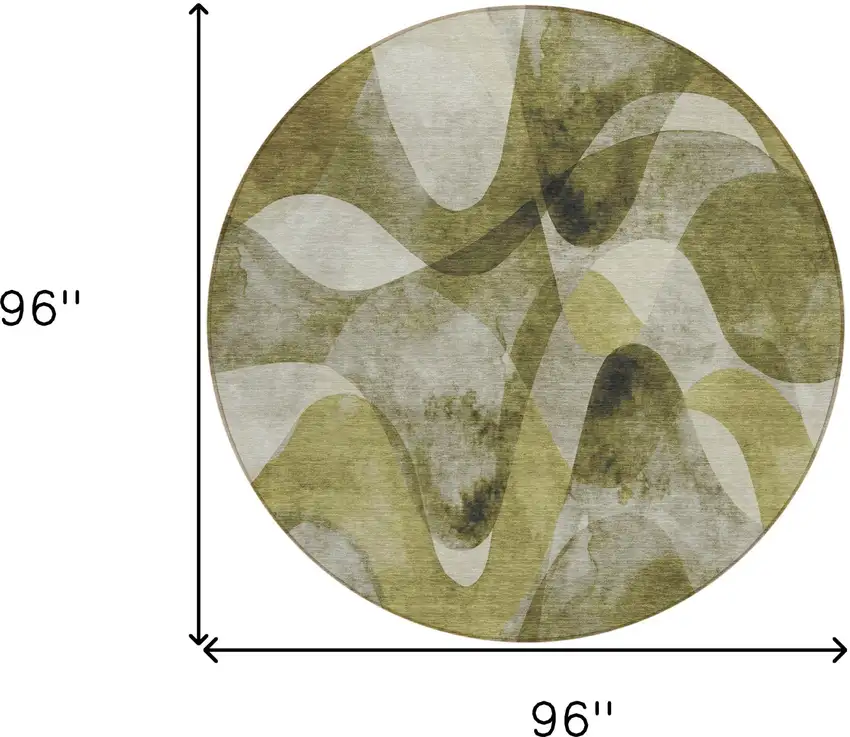 Olive Green Round Abstract Washable Non Skid Indoor Outdoor Area Rug Photo 3