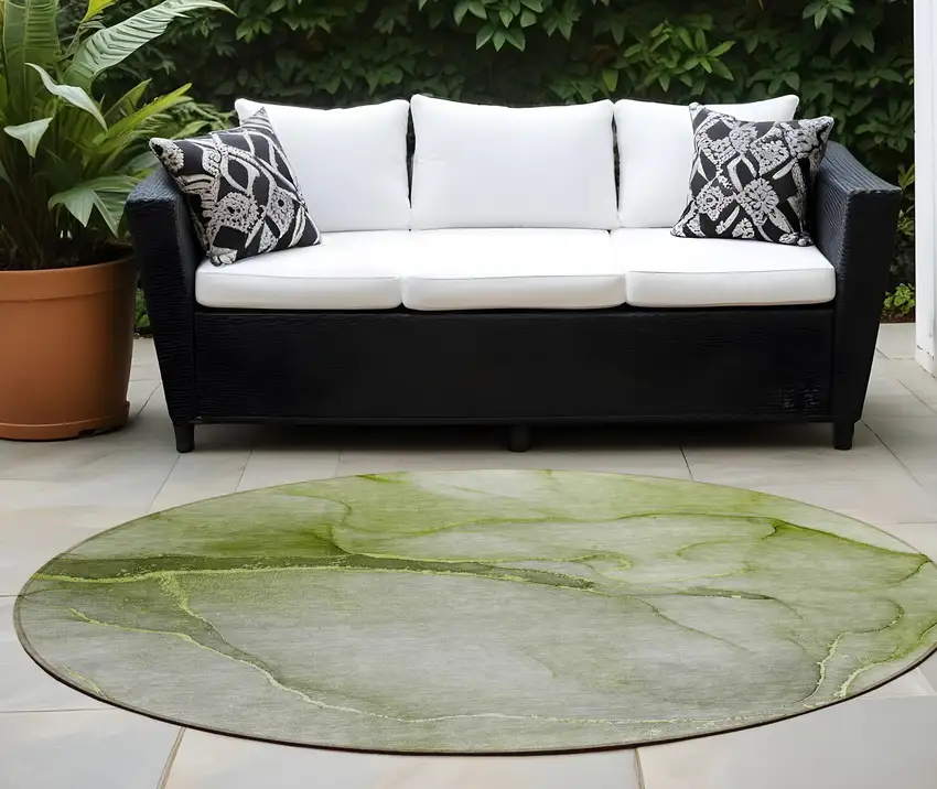 8' Round Olive Green Round Abstract Washable Non Skid Indoor Outdoor Area Rug Photo 1