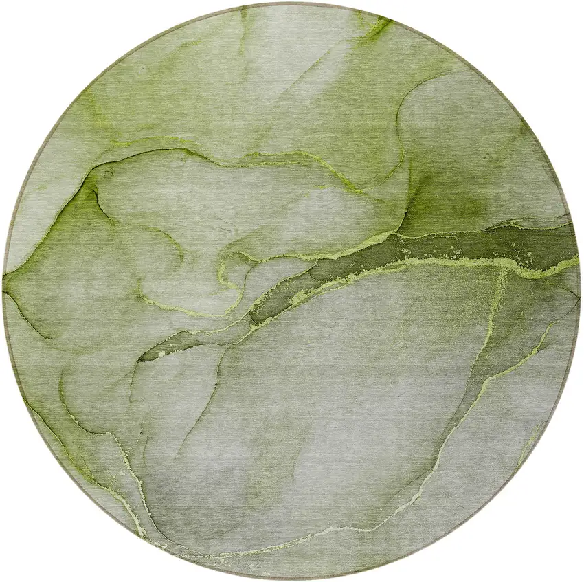 Olive Green Round Abstract Washable Non Skid Indoor Outdoor Area Rug Photo 5