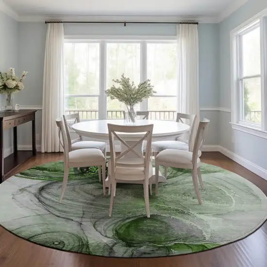Olive Green Round Abstract Washable Non Skid Indoor Outdoor Area Rug Photo 9
