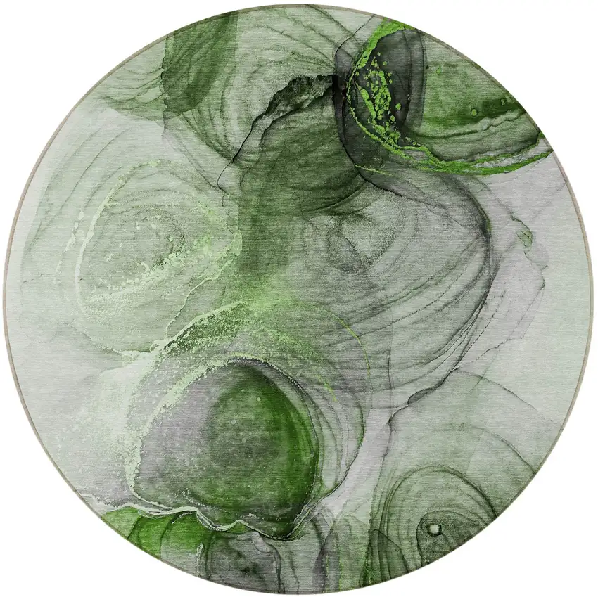 8' Round Olive Green Round Abstract Washable Non Skid Indoor Outdoor Area Rug Photo 5