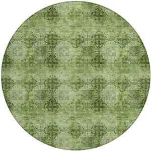 Photo of 8' Round Olive Green Round Floral Medallion Washable Non Skid Indoor Outdoor Area Rug