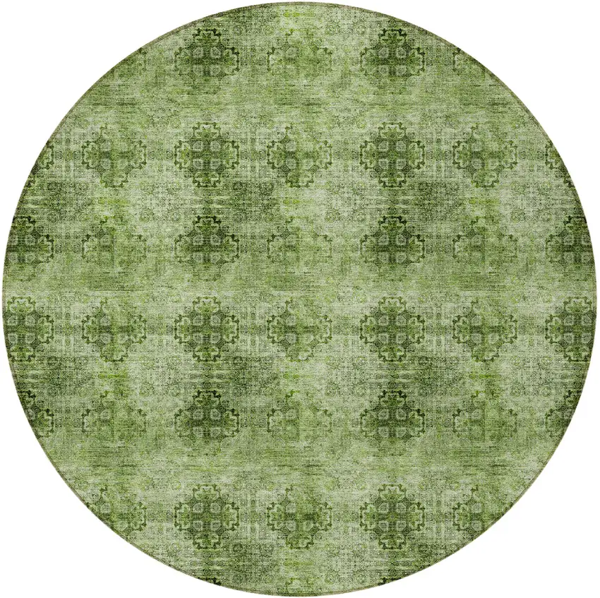 8' Round Olive Green Round Floral Medallion Washable Non Skid Indoor Outdoor Area Rug Photo 2