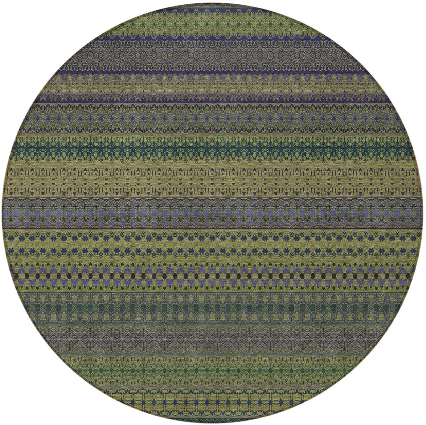 Olive Green Round Striped Washable Non Skid Indoor Outdoor Area Rug Photo 5