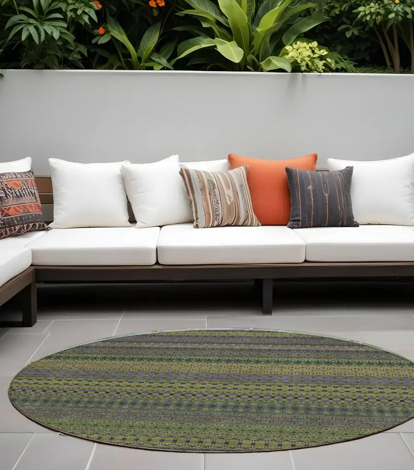 8' Round Olive Green Round Striped Washable Non Skid Indoor Outdoor Area Rug Photo 1