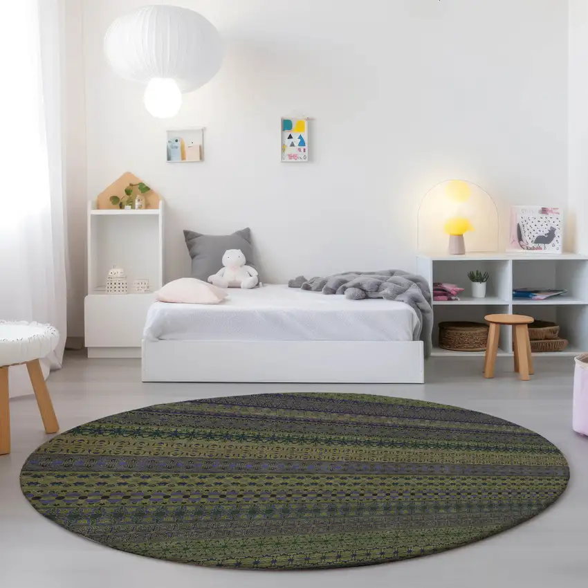 8' Round Olive Green Round Striped Washable Non Skid Indoor Outdoor Area Rug Photo 9