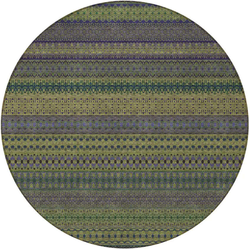 8' Round Olive Green Round Striped Washable Non Skid Indoor Outdoor Area Rug Photo 4