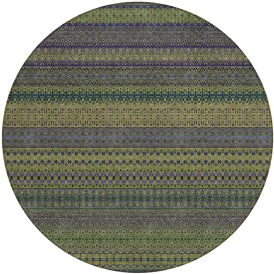 8' Round Olive Green Round Striped Washable Non Skid Indoor Outdoor Area Rug Photo 2