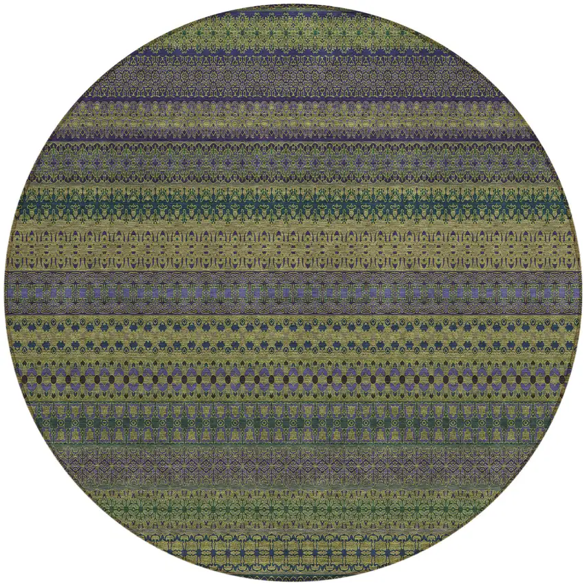 8' Round Olive Green Round Striped Washable Non Skid Indoor Outdoor Area Rug Photo 2