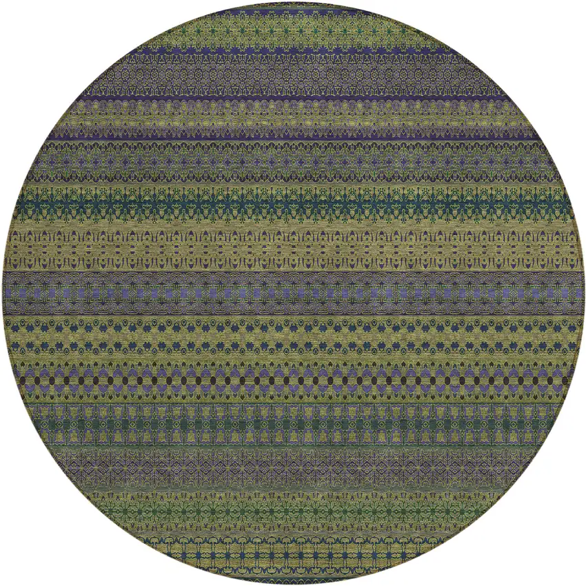 8' Round Olive Green Round Striped Washable Non Skid Indoor Outdoor Area Rug Photo 2