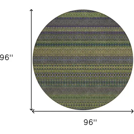 8' Round Olive Green Round Striped Washable Non Skid Indoor Outdoor Area Rug Photo 3