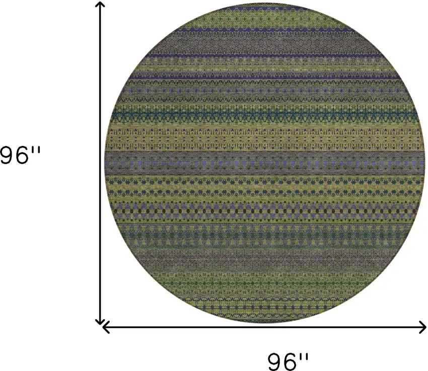 8' Round Olive Green Round Striped Washable Non Skid Indoor Outdoor Area Rug Photo 3