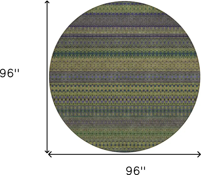 8' Round Olive Green Round Striped Washable Non Skid Indoor Outdoor Area Rug Photo 3