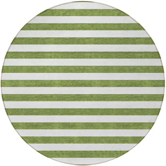 8' Round Olive Green Round Striped Washable Non Skid Indoor Outdoor Area Rug Photo 5