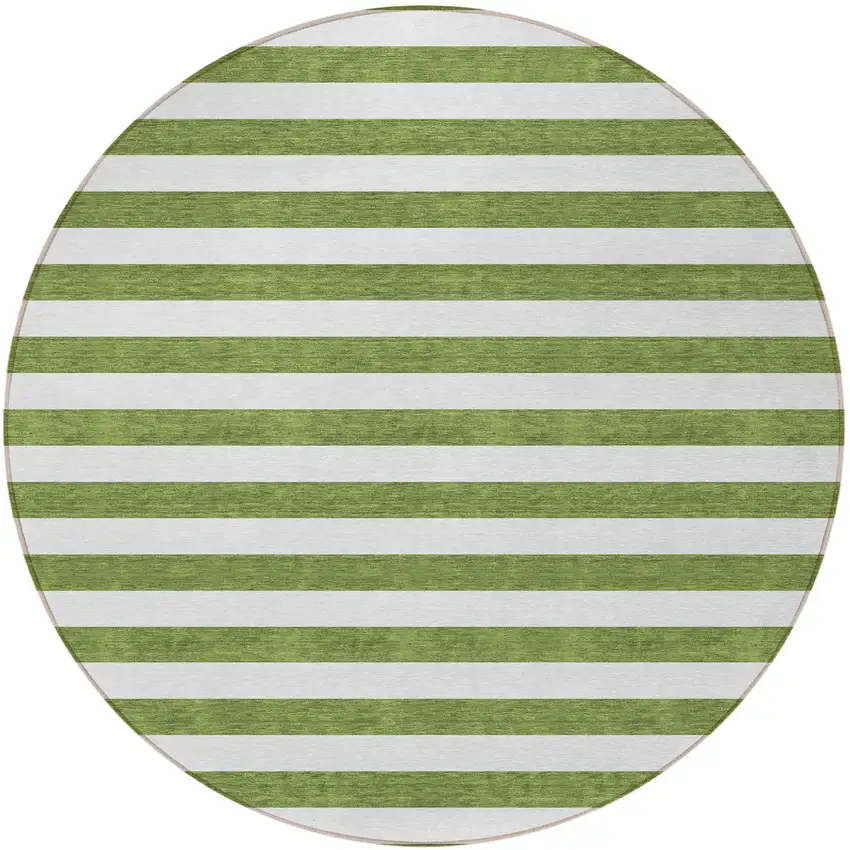 8' Round Olive Green Round Striped Washable Non Skid Indoor Outdoor Area Rug Photo 5