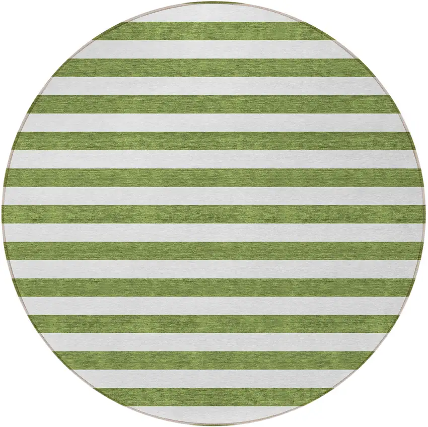 8' Round Olive Green Round Striped Washable Non Skid Indoor Outdoor Area Rug Photo 5