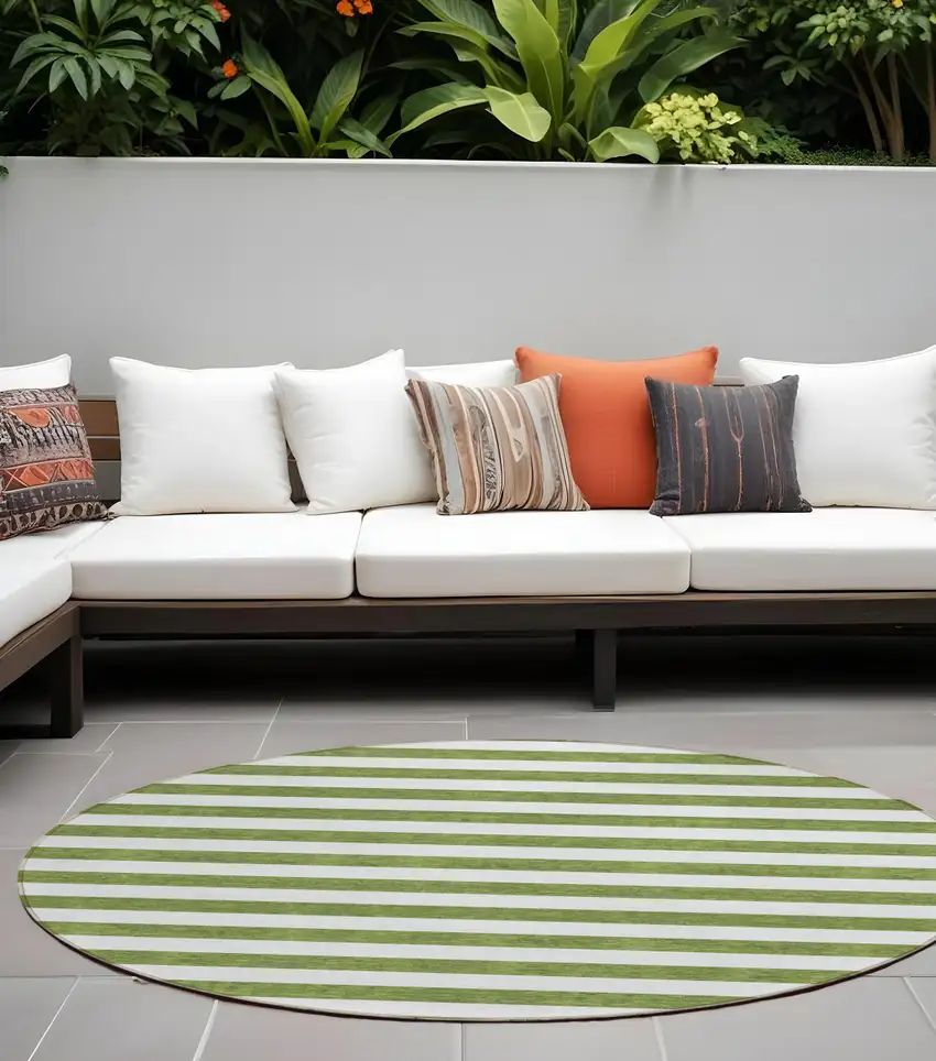 Olive Green Round Striped Washable Non Skid Indoor Outdoor Area Rug Photo 1