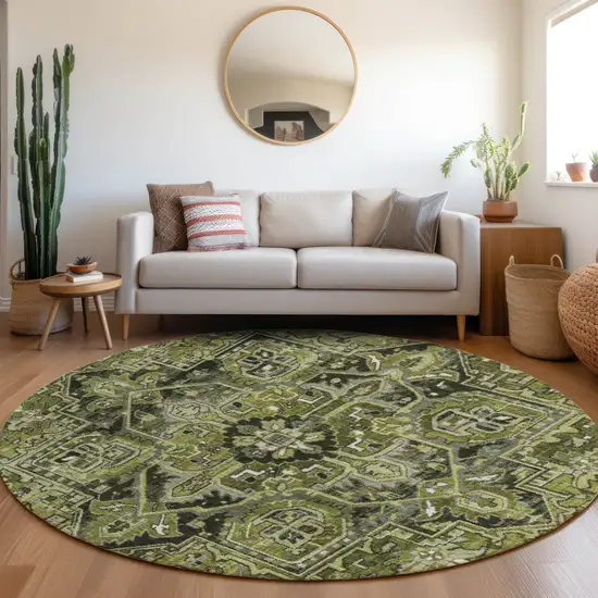 Olive Green and Dark Green Round Oriental Washable Non Skid Indoor Outdoor Area Rug Photo 9