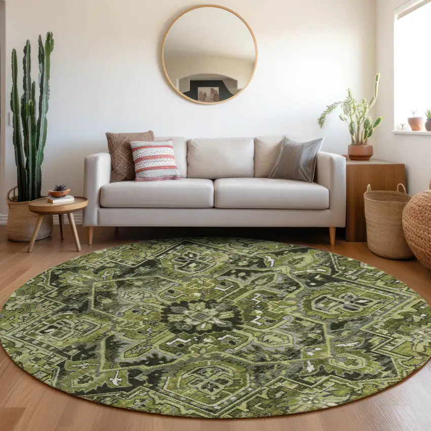Olive Green and Dark Green Round Oriental Washable Non Skid Indoor Outdoor Area Rug Photo 9