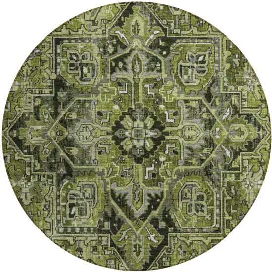 Olive Green and Dark Green Round Oriental Washable Non Skid Indoor Outdoor Area Rug Photo 2