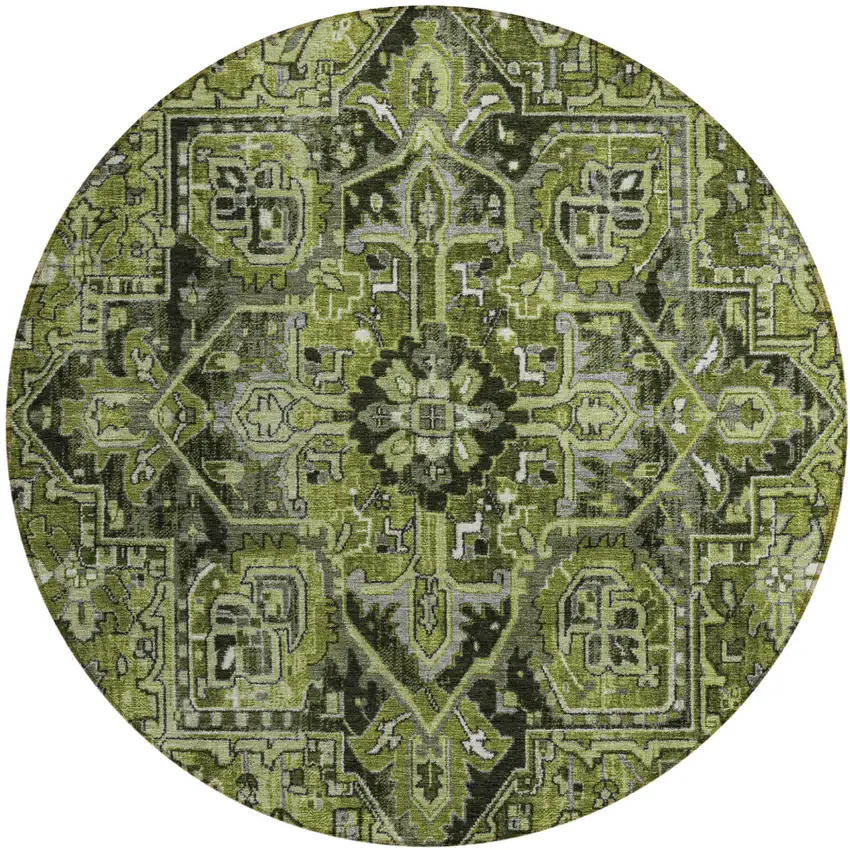Olive Green and Dark Green Round Oriental Washable Non Skid Indoor Outdoor Area Rug Photo 2