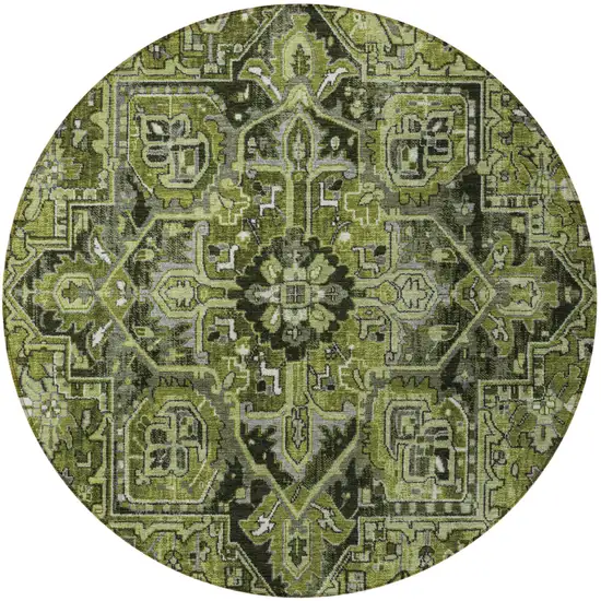 8' Round Olive Green and Dark Green Round Oriental Washable Non Skid Indoor Outdoor Area Rug Photo 5