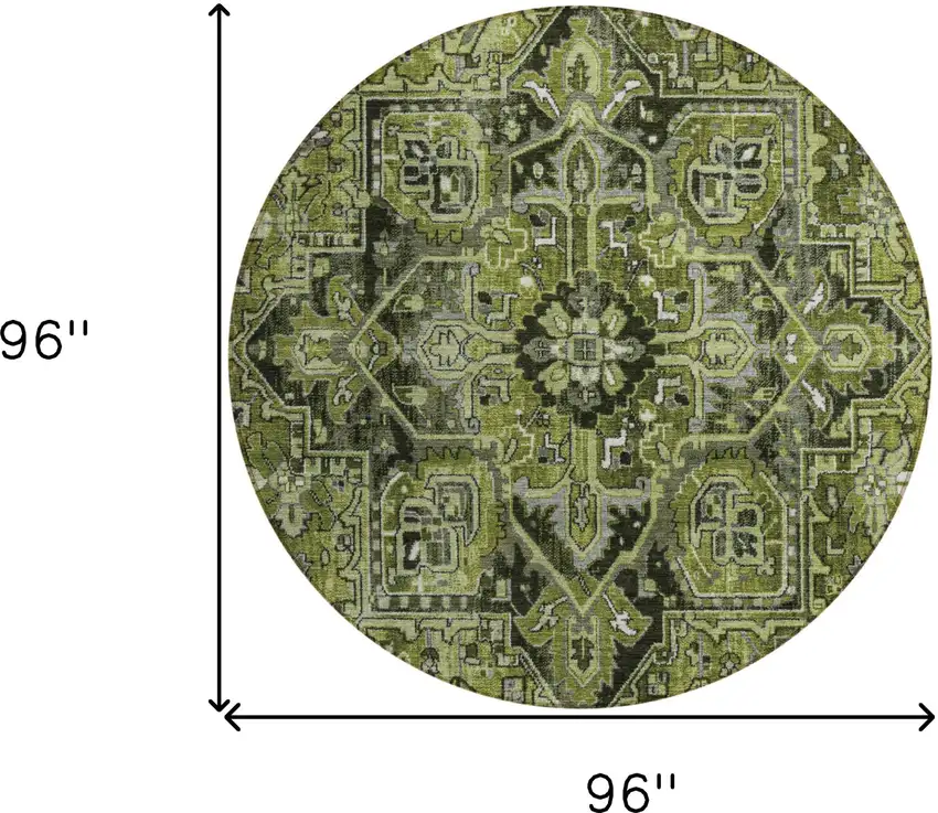 8' Round Olive Green and Dark Green Round Oriental Washable Non Skid Indoor Outdoor Area Rug Photo 3