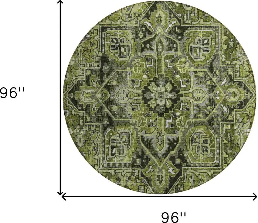 8' Round Olive Green and Dark Green Round Oriental Washable Non Skid Indoor Outdoor Area Rug Photo 3