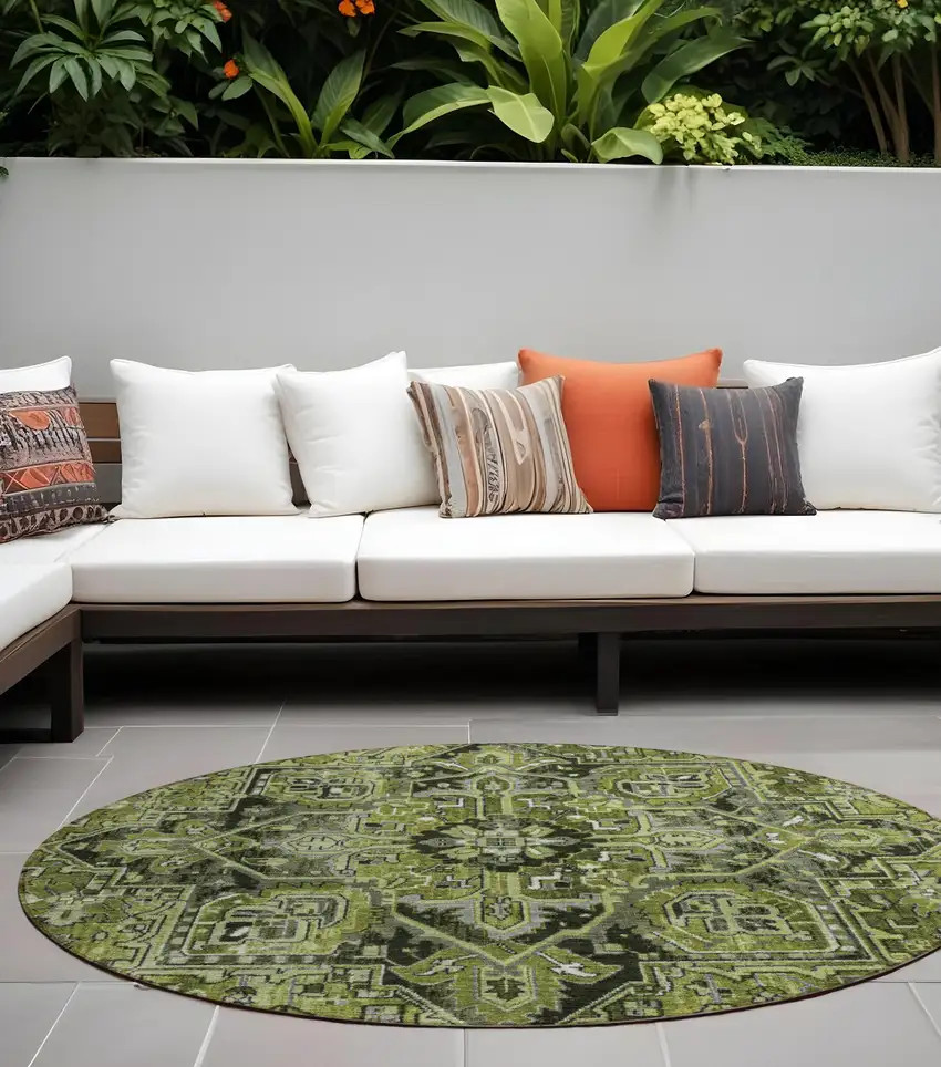8' Round Olive Green and Dark Green Round Oriental Washable Non Skid Indoor Outdoor Area Rug Photo 1