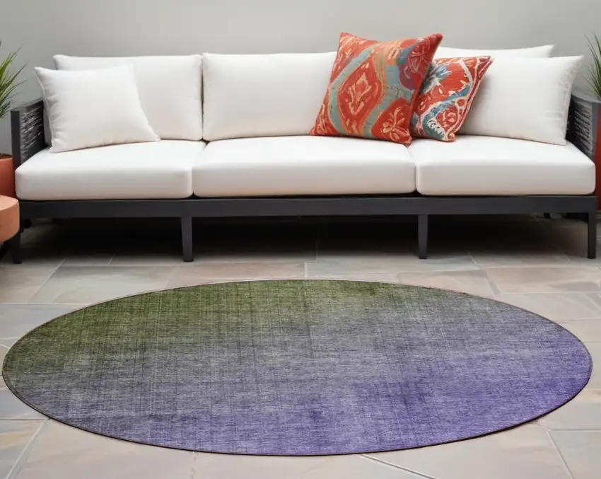 8' Round Olive Green and Purple Round Ombre Washable Non Skid Indoor Outdoor Area Rug Photo 1