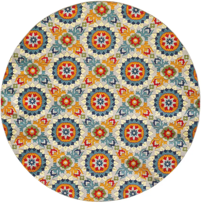 8' Round Orange Floral Lattice Indoor Outdoor Area Rug Photo 1