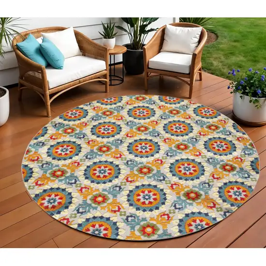 Orange And Ivory Round Moroccan Stain Resistant Indoor Outdoor Area Rug Photo 2