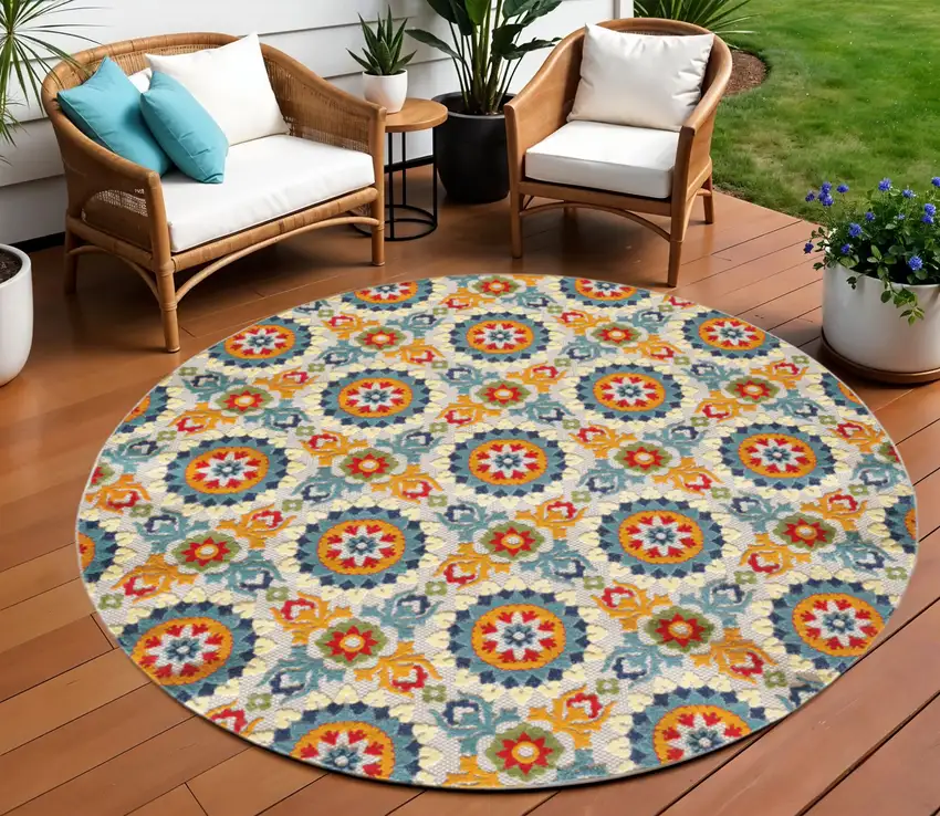 Orange And Ivory Round Moroccan Stain Resistant Indoor Outdoor Area Rug Photo 2