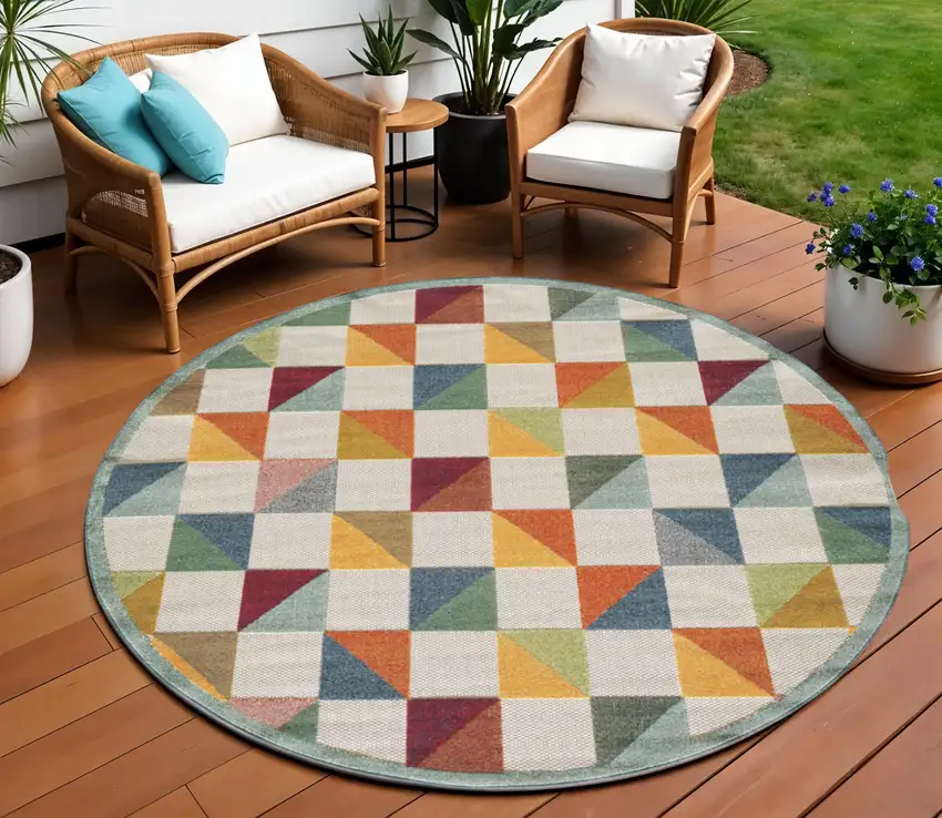 Orange And Ivory Round Geometric Stain Resistant Indoor Outdoor Area Rug Photo 2